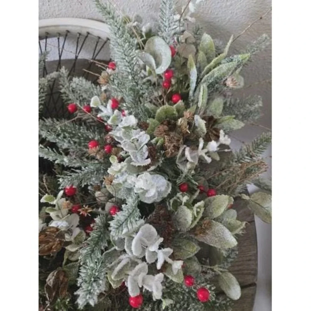 Vintage Bicycle Wheel Christmas Wreath Door Hanger Frosted Glitter Greenery